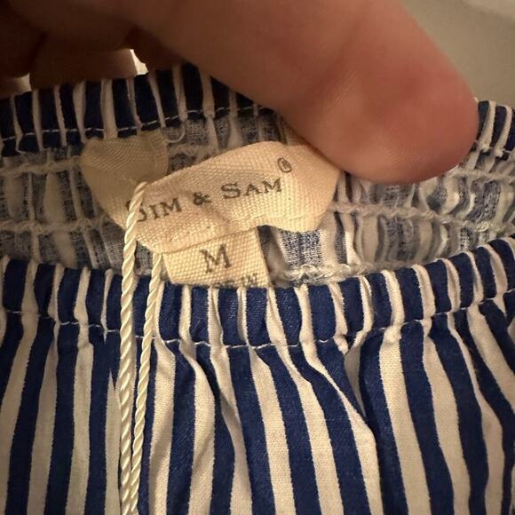 Sim & Sam Navy Blue Striped Smocked Square Neck Puff Sleeve Top Blouse Preppy - Picture 4 of 4